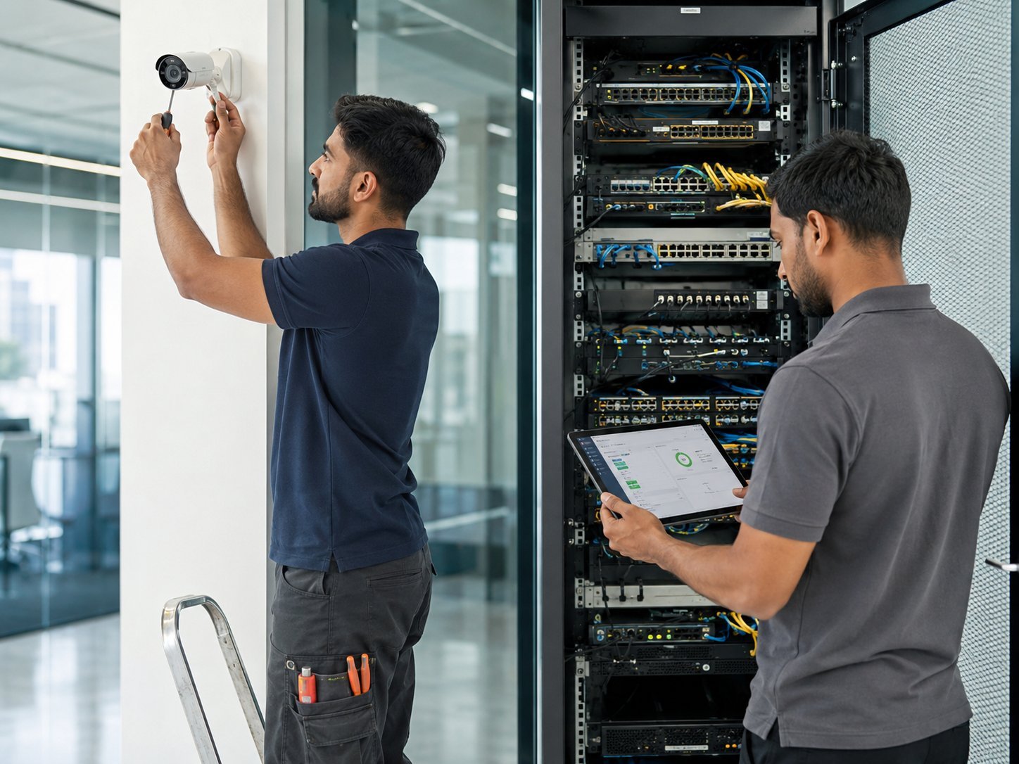 AQLON engineers installing security and network systems on site