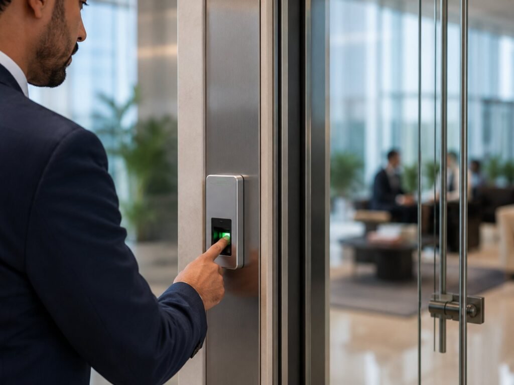 Fingerprint reader for biometric access control at an office entrance