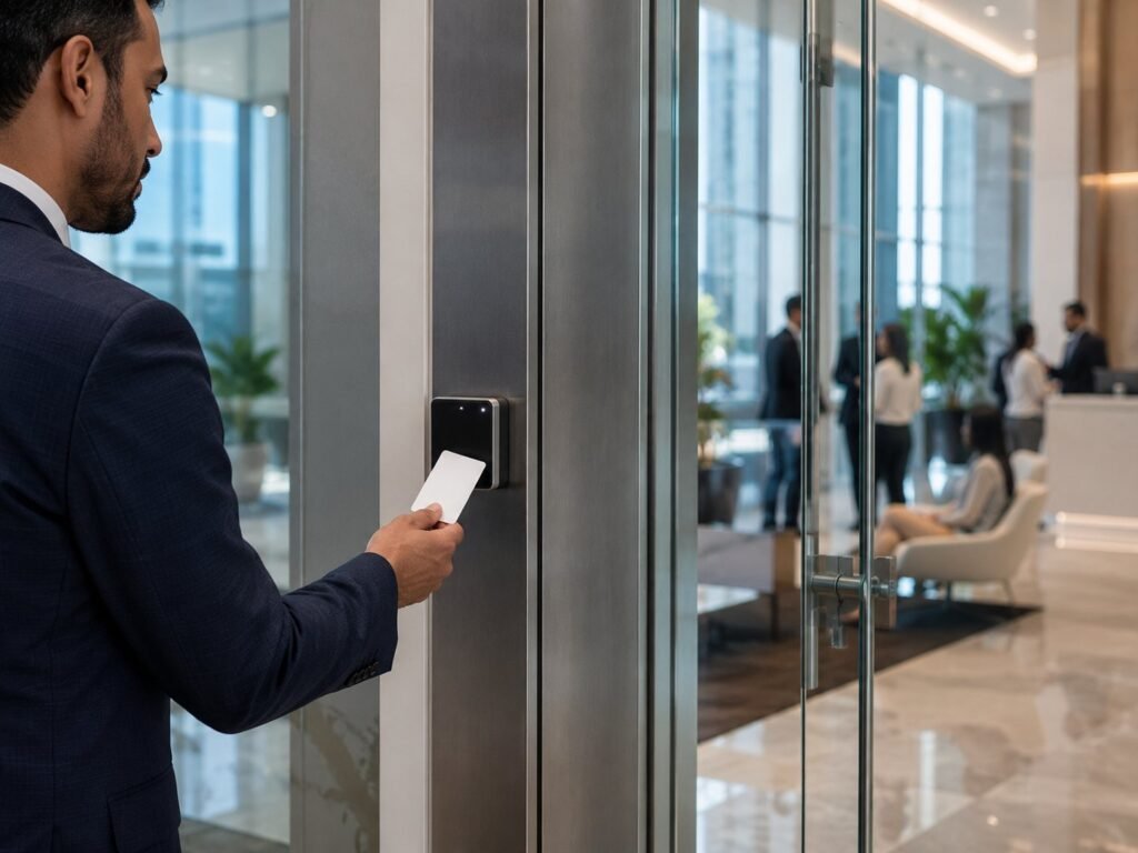 Access control system card reader beside an office door