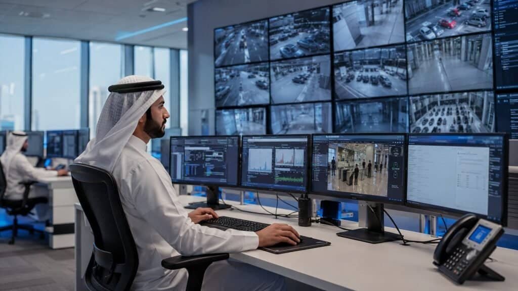 CCTV monitoring room with multiple camera feeds on screen