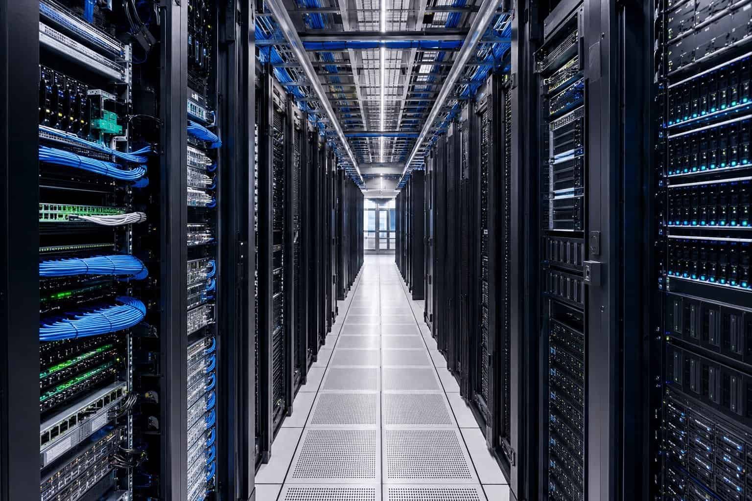 Neatly organised server room with structured cabling and patch panels